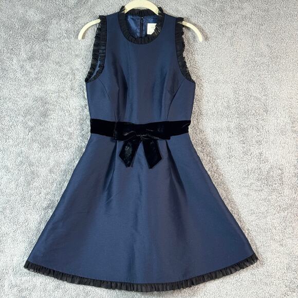 Kate Spade Navy Velvet Bow Fit And Flare Dress Size 4 - Picture 1 of 13